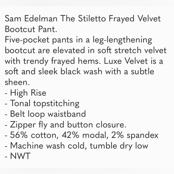 NWT Sam Edelman The Stiletto frayed bootcut high rise Velvet pants - Picture 12 of 12